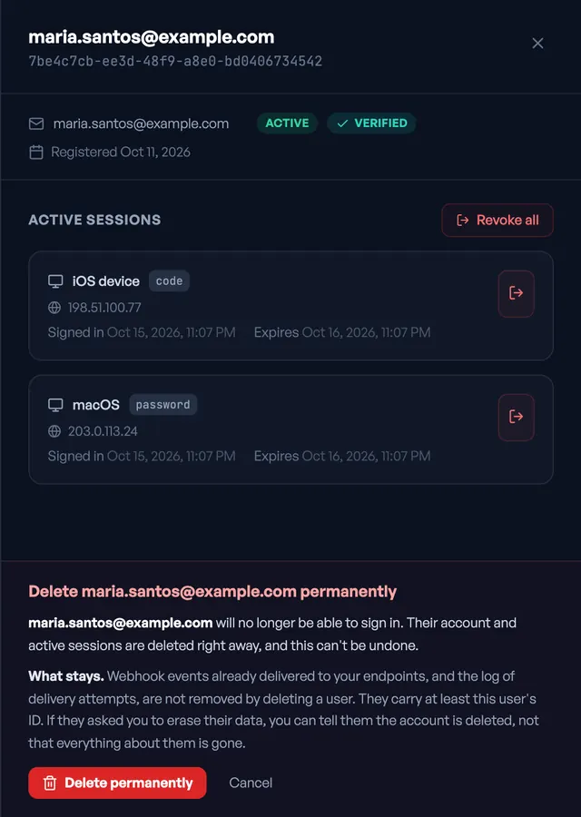 Confirmation for permanently deleting a user, with a paragraph explaining that webhook events already delivered are not removed.