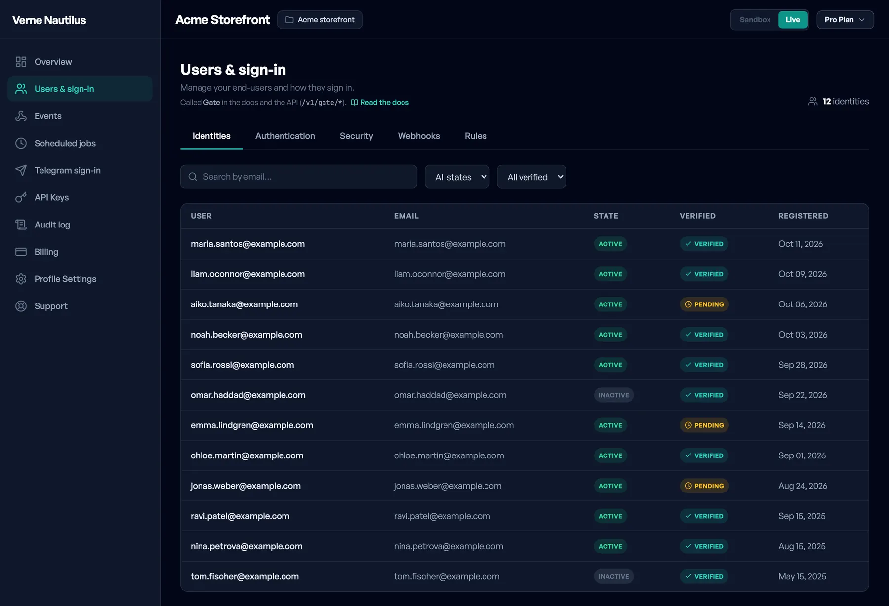 Dashboard table of end users with columns for user, email, state, verified and registered date, with search and two filters above it.