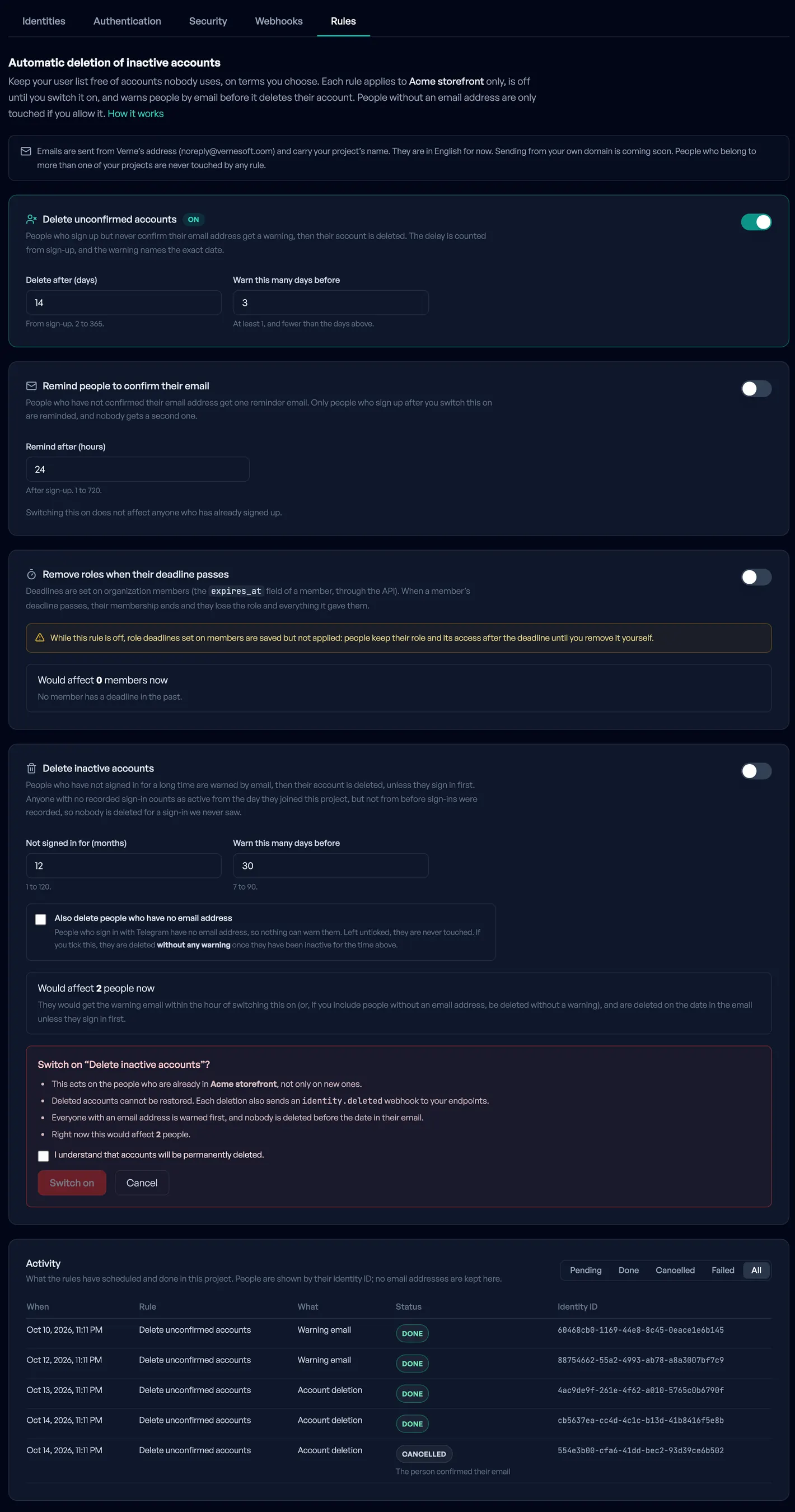 Four account clean-up rules with switches and settings, one showing how many people it would affect, and an activity list below.