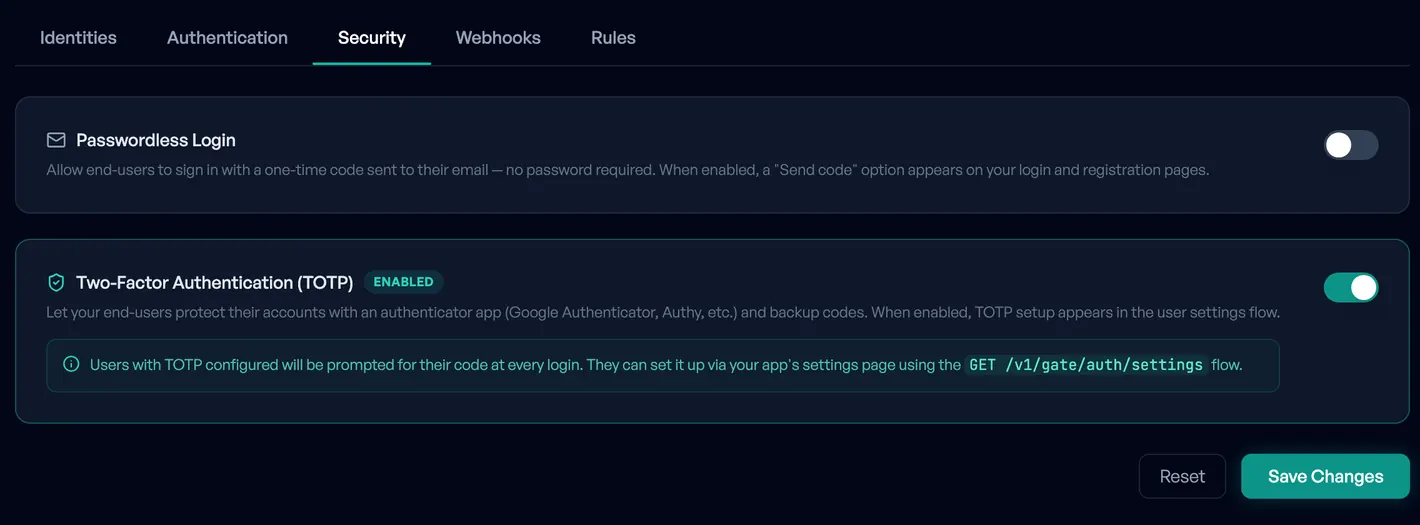 Two switches, one for passwordless email codes and one for two-factor authentication, the second one turned on.