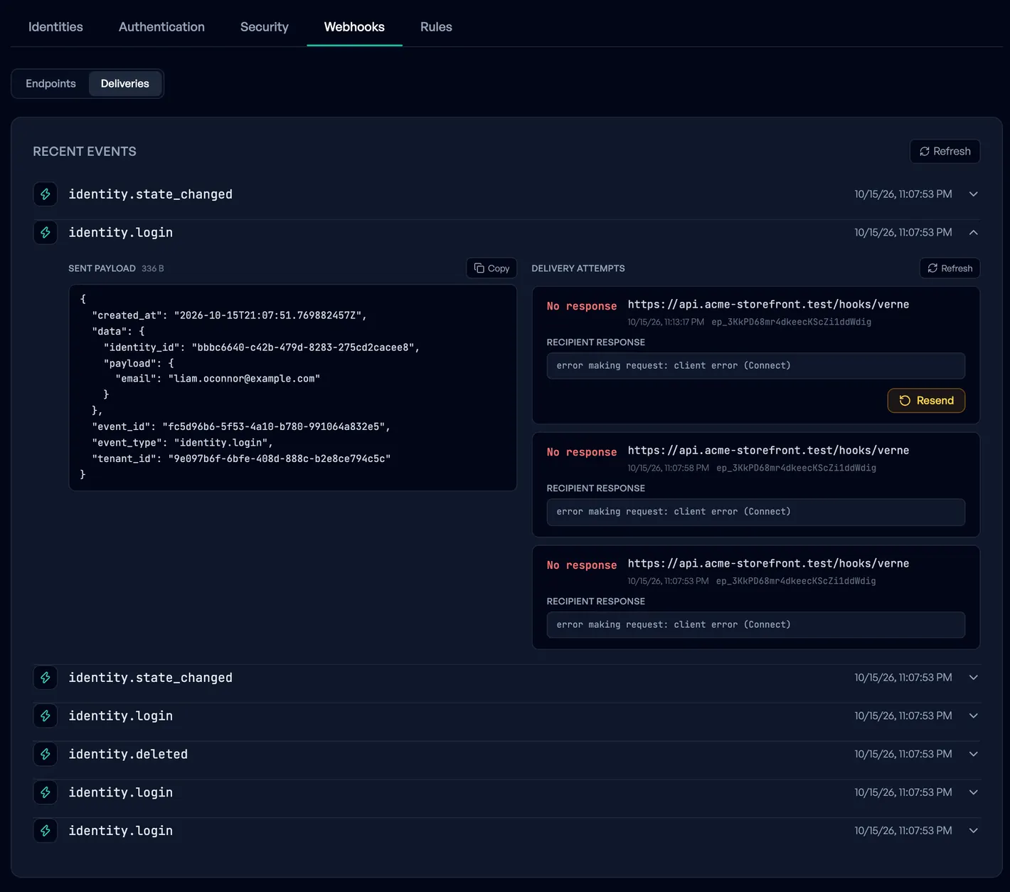 List of recent webhook deliveries with status, including one failed delivery, and buttons to resend an event.